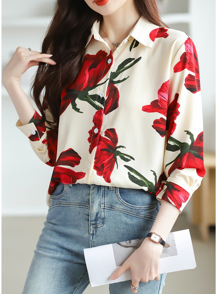 Chiffon Cover belly tops printing long sleeve shirt