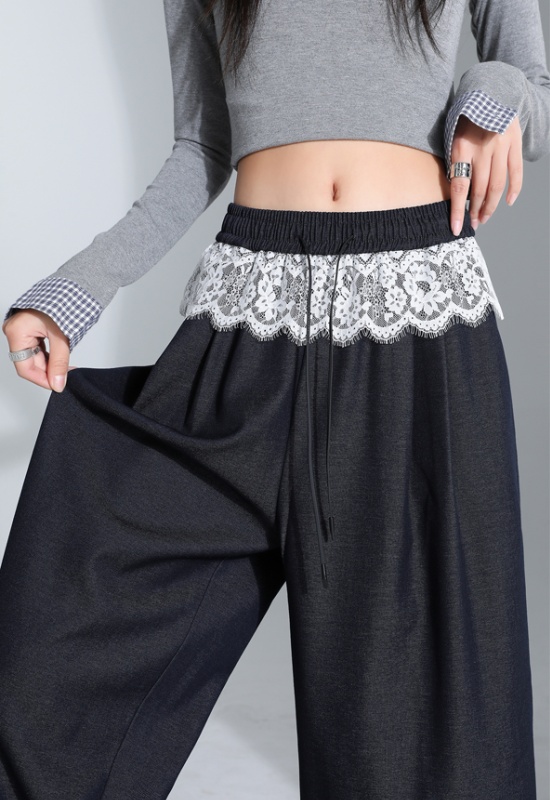 Denim slim wide leg pants spring straight pants for women