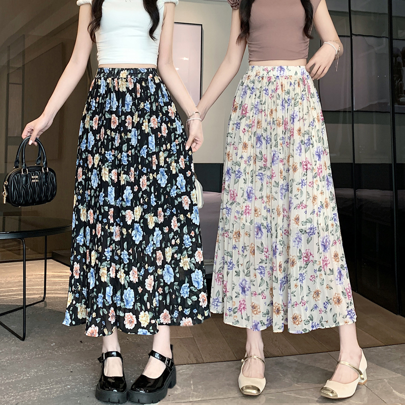 Chiffon floral long skirt pleated skirt for women