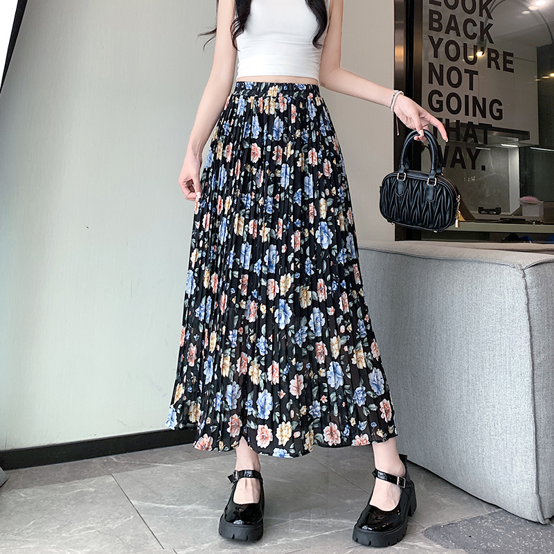 Chiffon floral long skirt pleated skirt for women