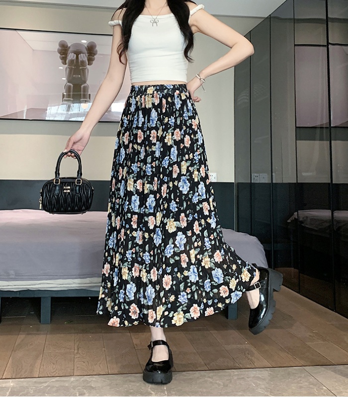 Chiffon floral long skirt pleated skirt for women