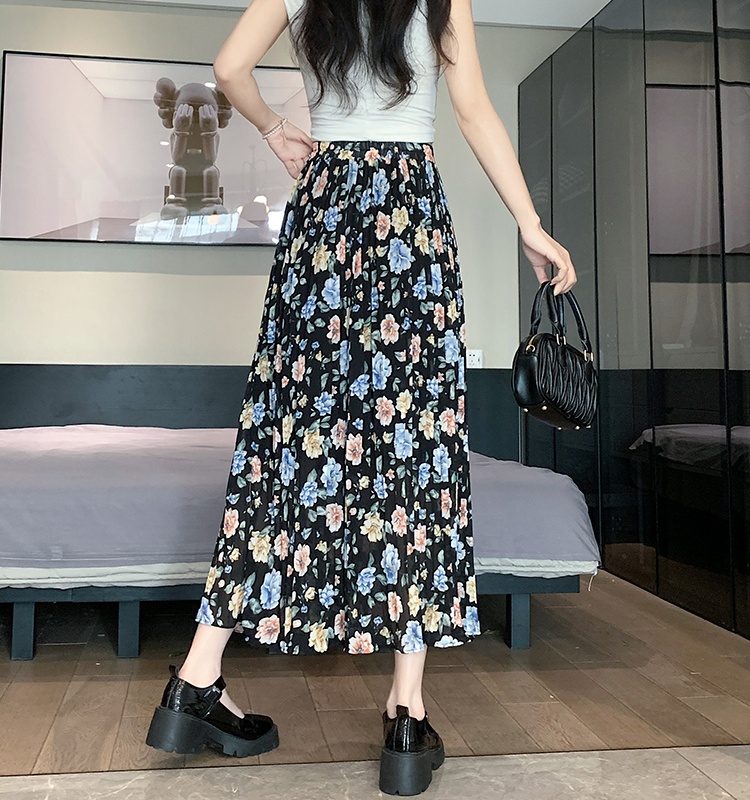 Chiffon floral long skirt pleated skirt for women