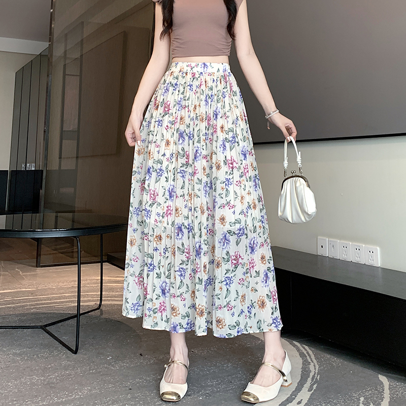 Chiffon floral long skirt pleated skirt for women