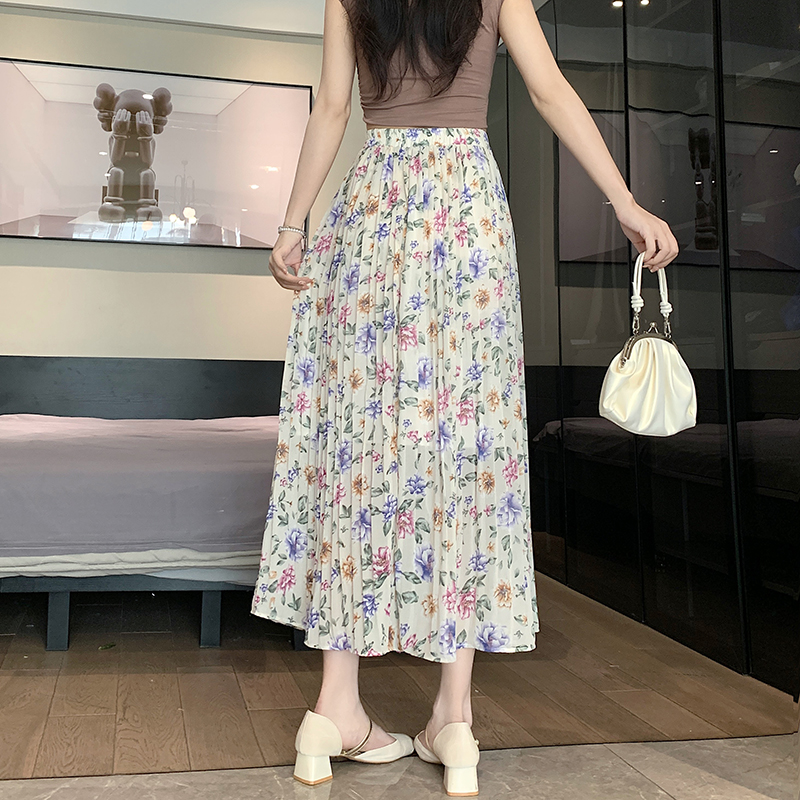 Chiffon floral long skirt pleated skirt for women