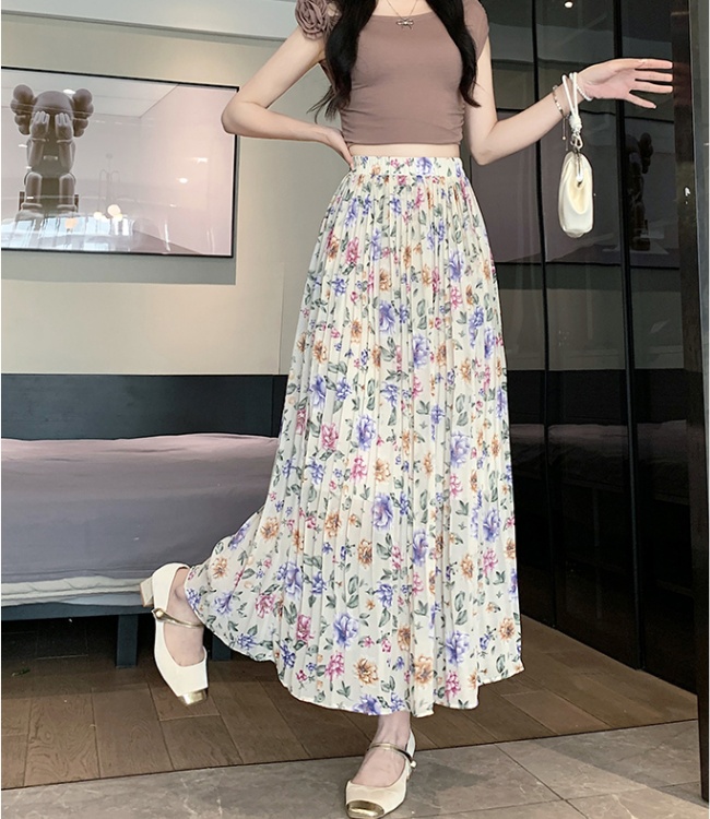 Chiffon floral long skirt pleated skirt for women