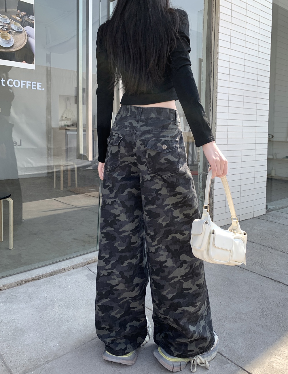 Wide leg camouflage high waist mopping pocket jeans for women