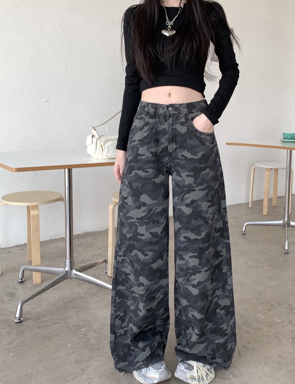 Wide leg camouflage high waist mopping pocket jeans for women