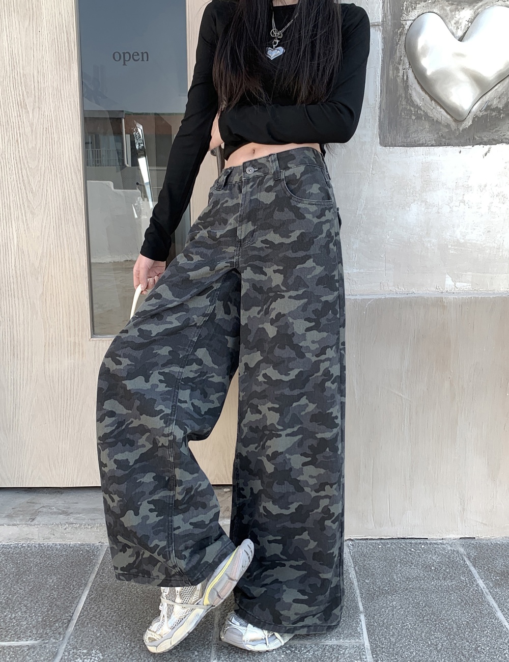 Wide leg camouflage high waist mopping pocket jeans for women