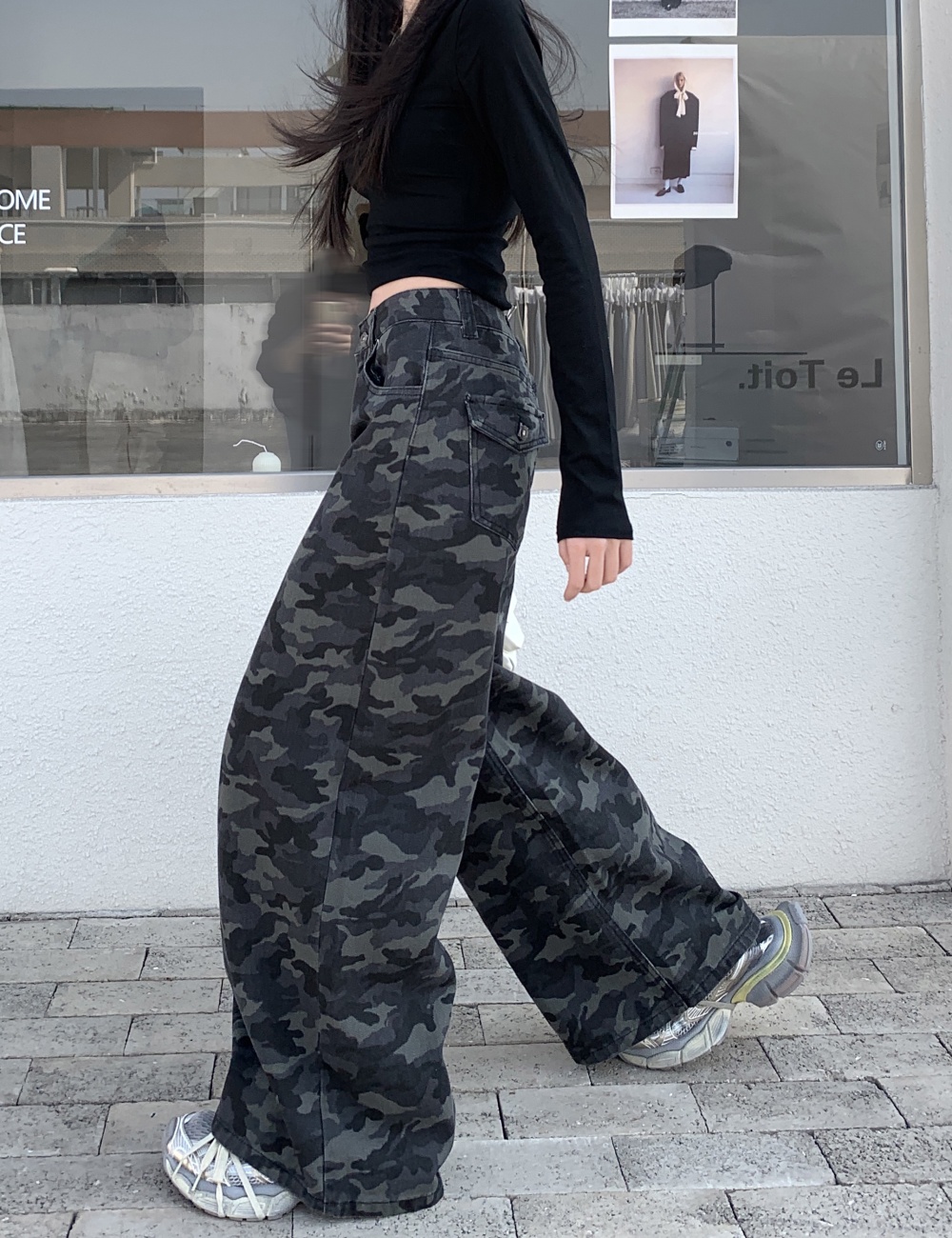 Wide leg camouflage high waist mopping pocket jeans for women