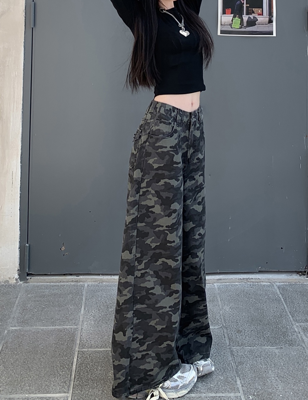 Wide leg camouflage high waist mopping pocket jeans for women