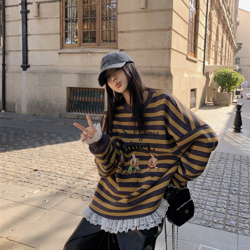 Cozy mixed colors stripe Korean style lace hoodie