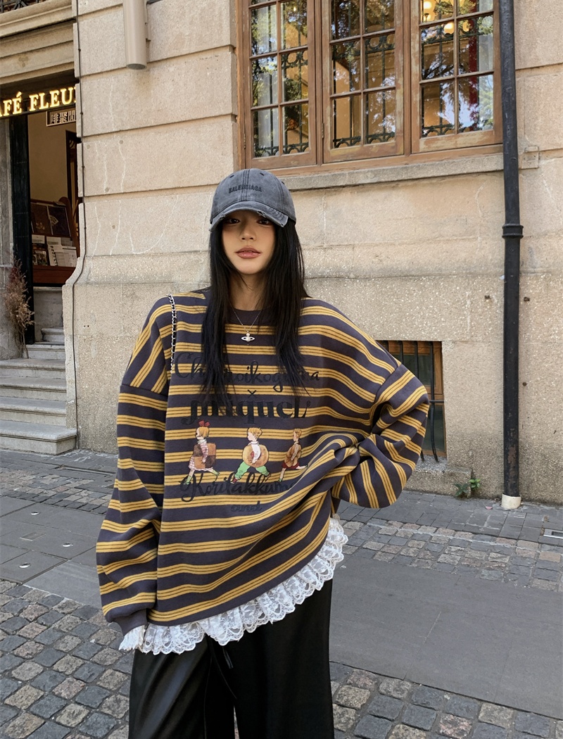 Cozy mixed colors stripe Korean style lace hoodie