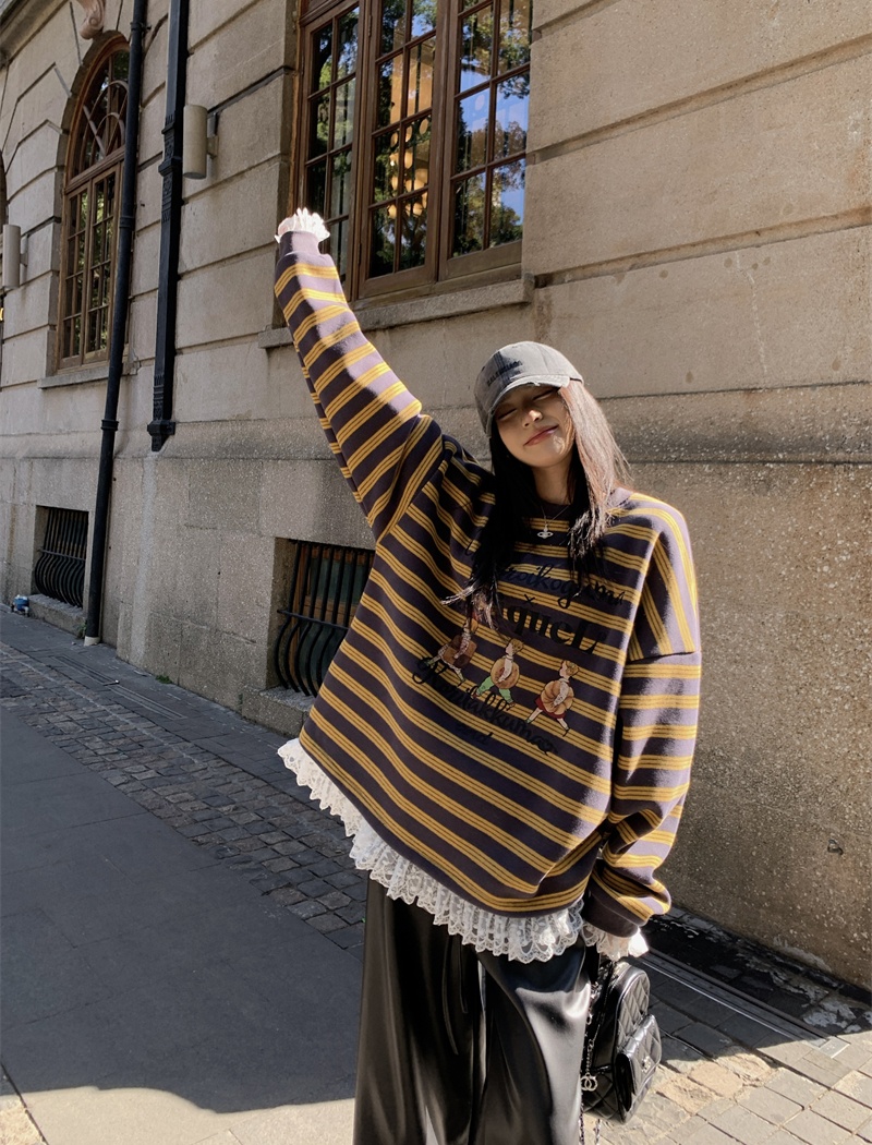 Cozy mixed colors stripe Korean style lace hoodie