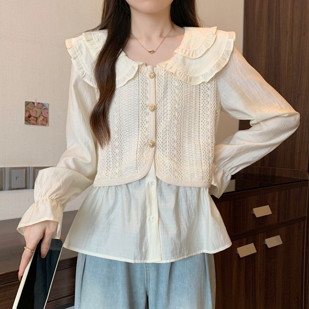 All-match tender double doll collar slim Pseudo-two tops