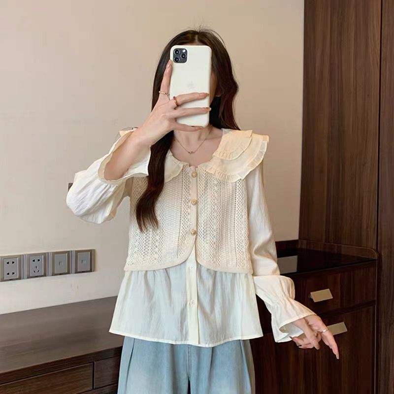 All-match tender double doll collar slim Pseudo-two tops