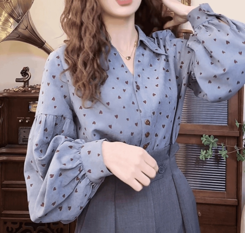 V-neck commuting retro tops all-match spring shirt