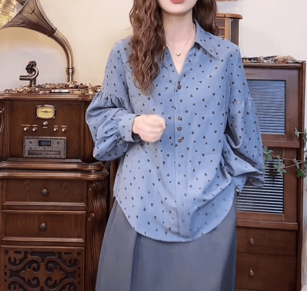 V-neck commuting retro tops all-match spring shirt