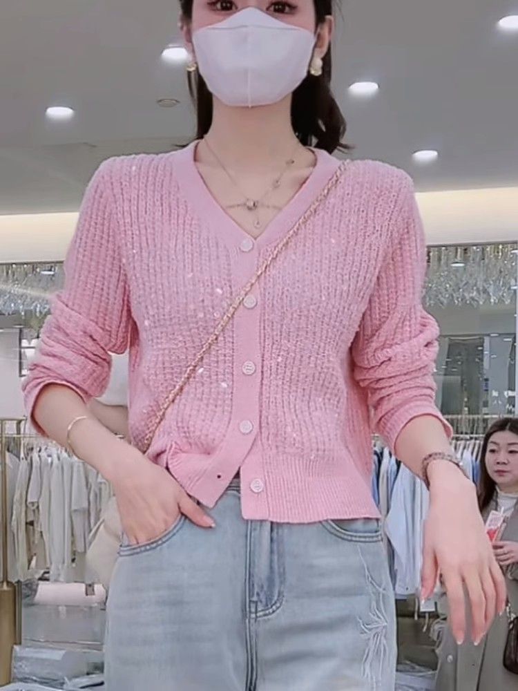 Long sleeve Korean style tops V-neck sequins sweater