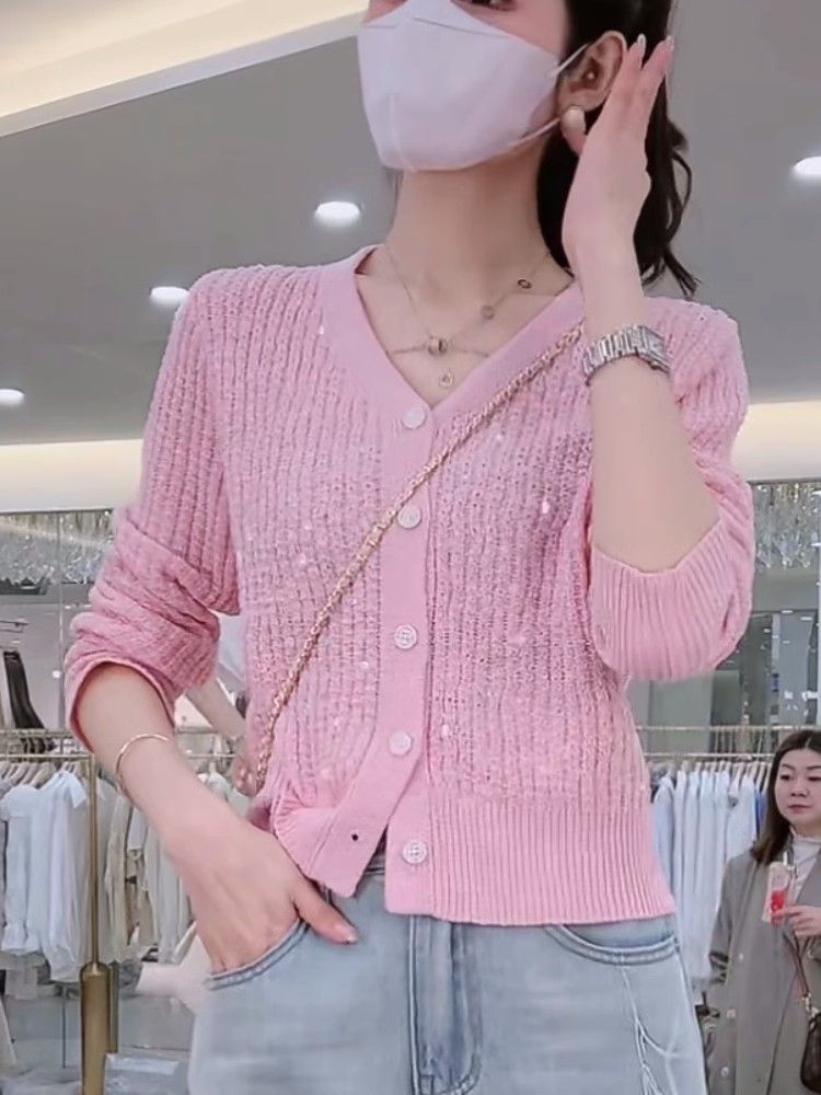 Long sleeve Korean style tops V-neck sequins sweater