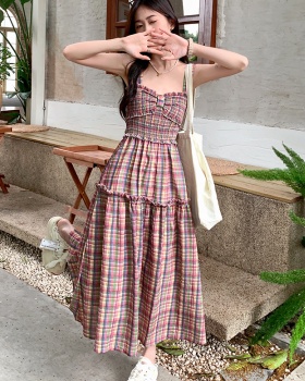 Sling plaid dress retro long dress for women