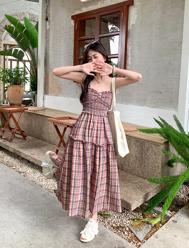 Sling plaid dress retro long dress for women