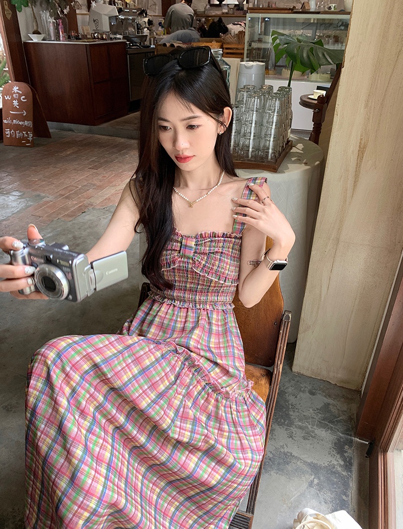 Sling plaid dress retro long dress for women