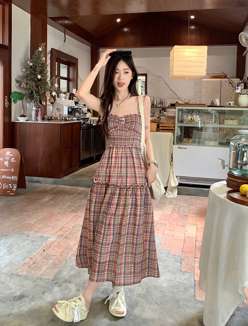 Sling plaid dress retro long dress for women