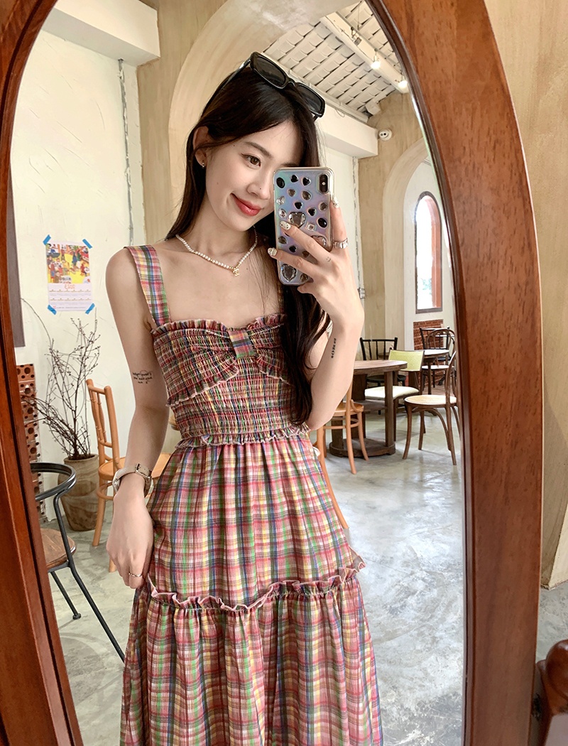 Sling plaid dress retro long dress for women