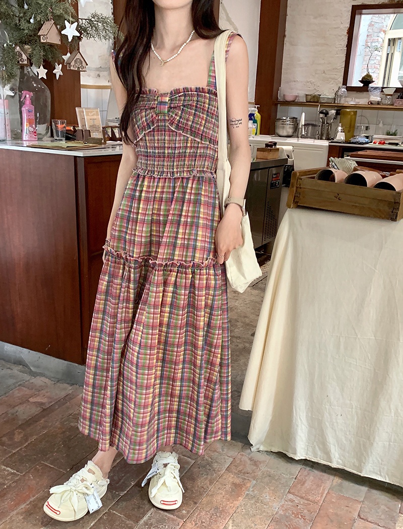 Sling plaid dress retro long dress for women