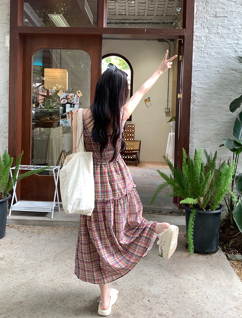 Sling plaid dress retro long dress for women