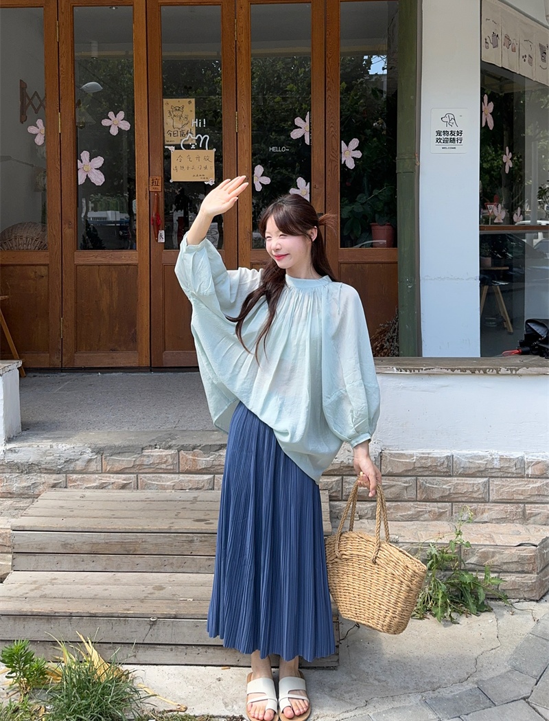 Drape pleated shirt puff sleeve big skirt skirt 2pcs set