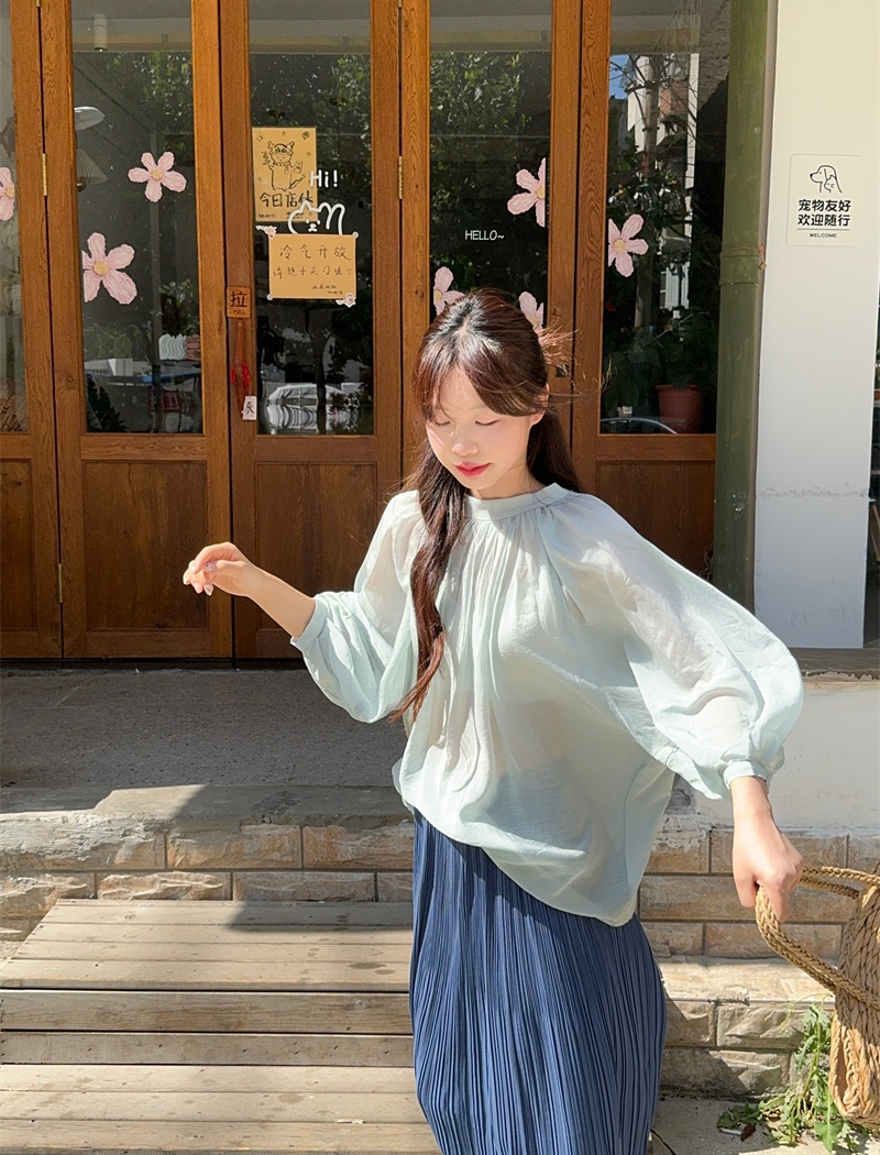 Drape pleated shirt puff sleeve big skirt skirt 2pcs set