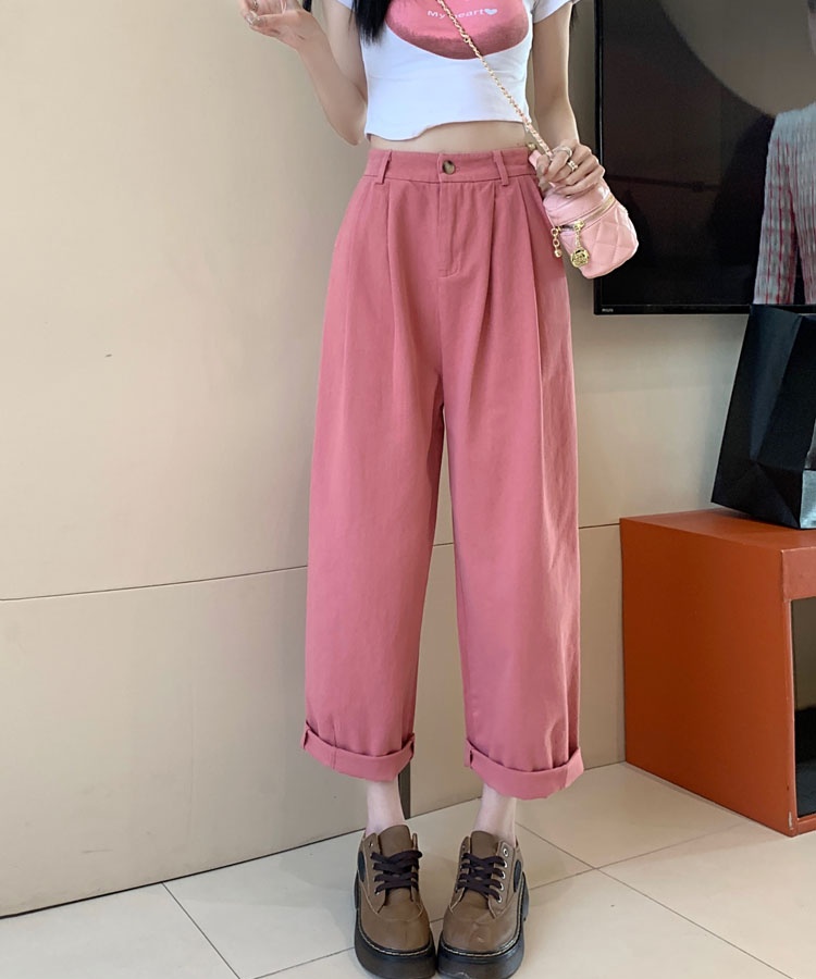 Cotton high waist nine pants washed loose wide leg pants