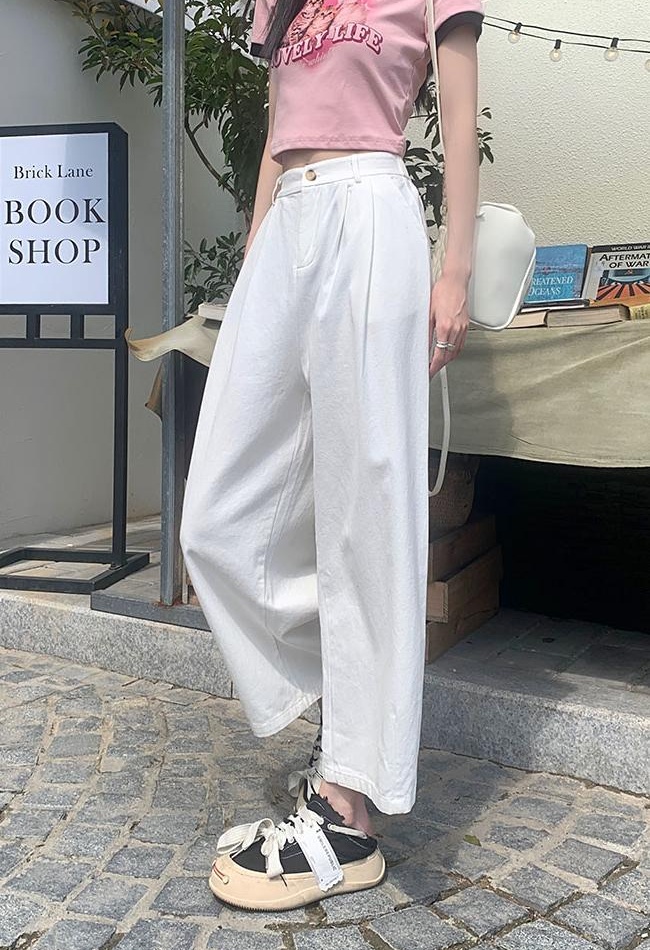 Cotton high waist nine pants washed loose wide leg pants