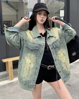 Worn denim coat graffiti jacket for women