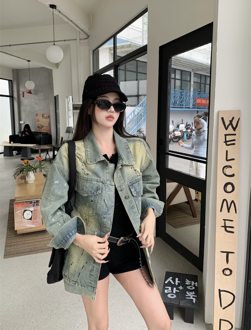 Worn denim coat graffiti jacket for women