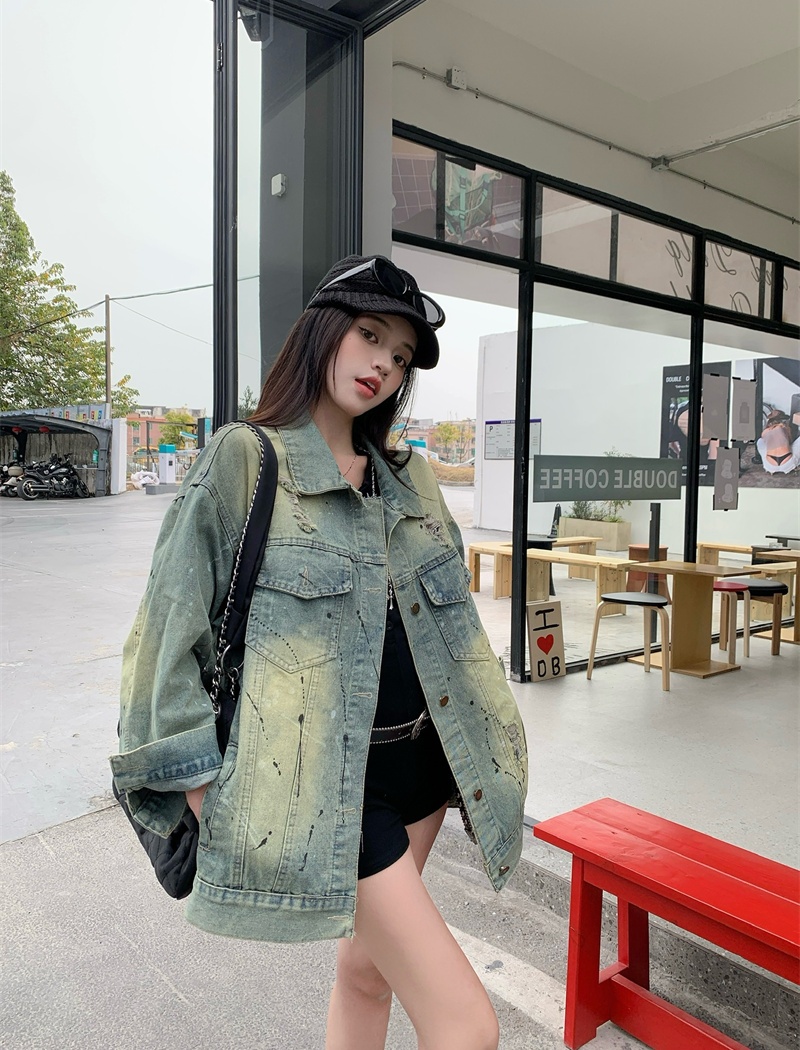 Worn denim coat graffiti jacket for women