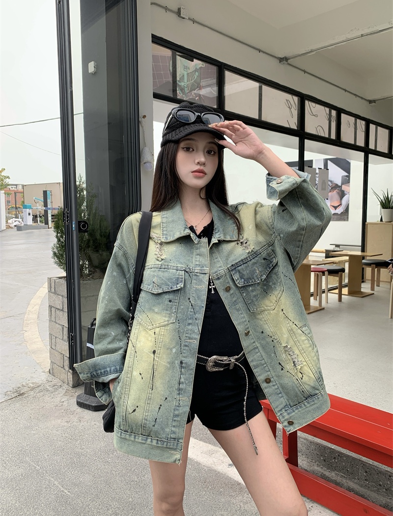 Worn denim coat graffiti jacket for women