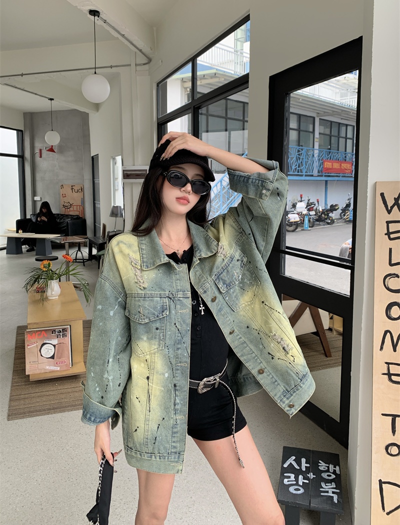 Worn denim coat graffiti jacket for women