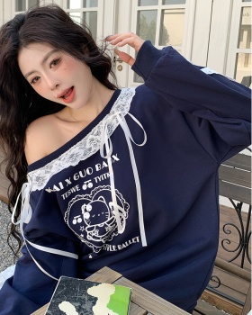 Spring splice lace hoodie slim printing tops for women