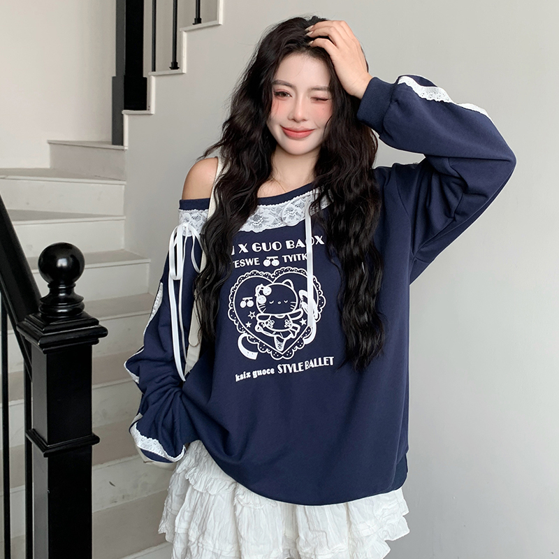 Spring splice lace hoodie slim printing tops for women