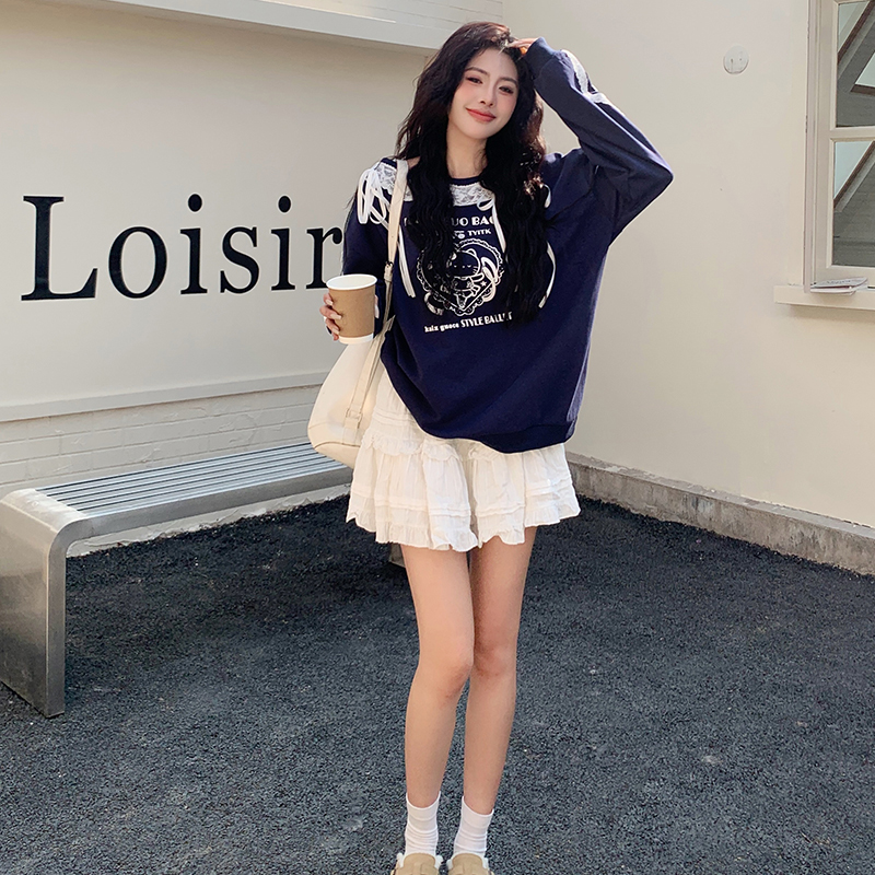 Spring splice lace hoodie slim printing tops for women