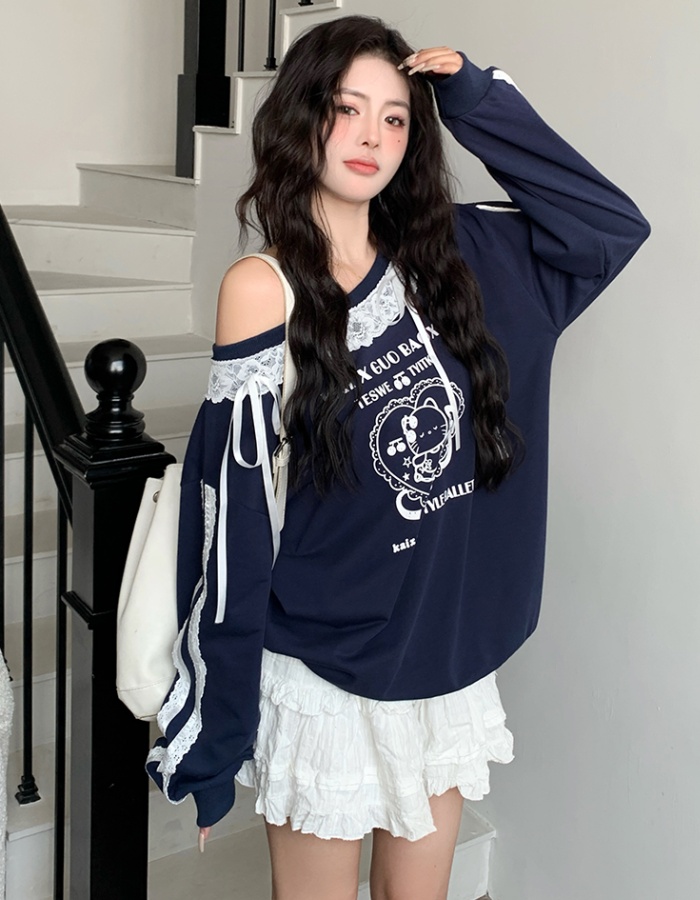 Spring splice lace hoodie slim printing tops for women