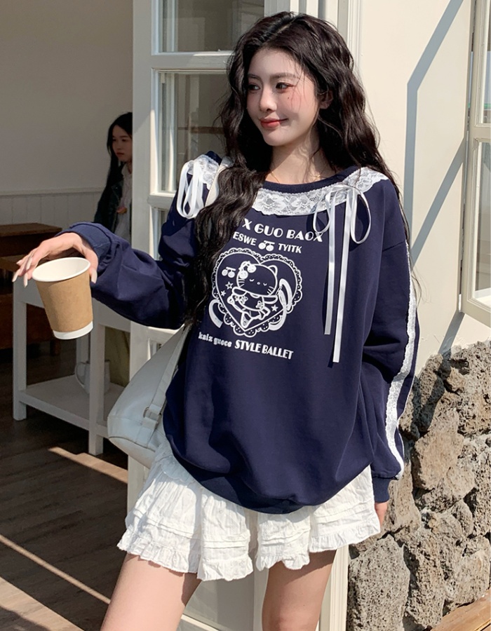 Spring splice lace hoodie slim printing tops for women