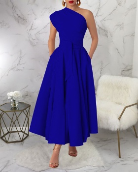 Oblique collar fashion sleeveless pinched waist dress