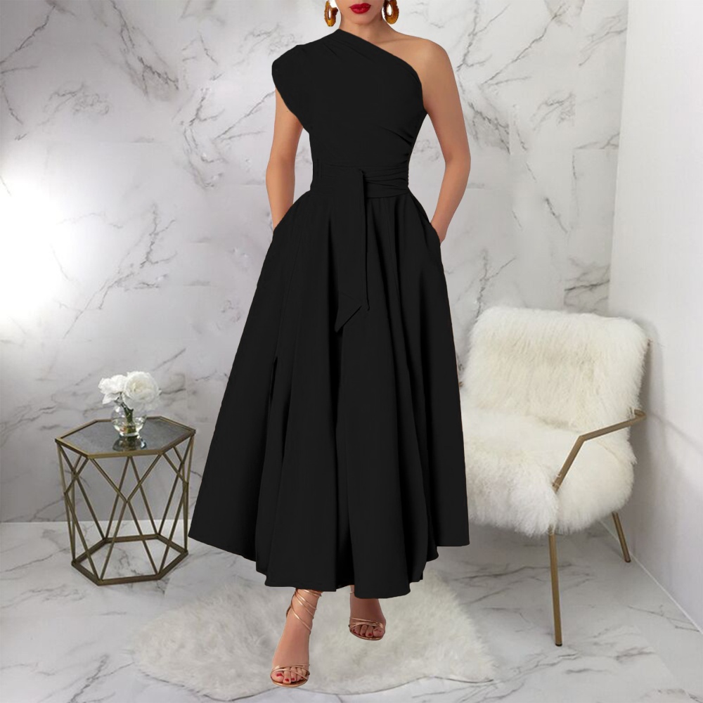 Oblique collar fashion sleeveless pinched waist dress