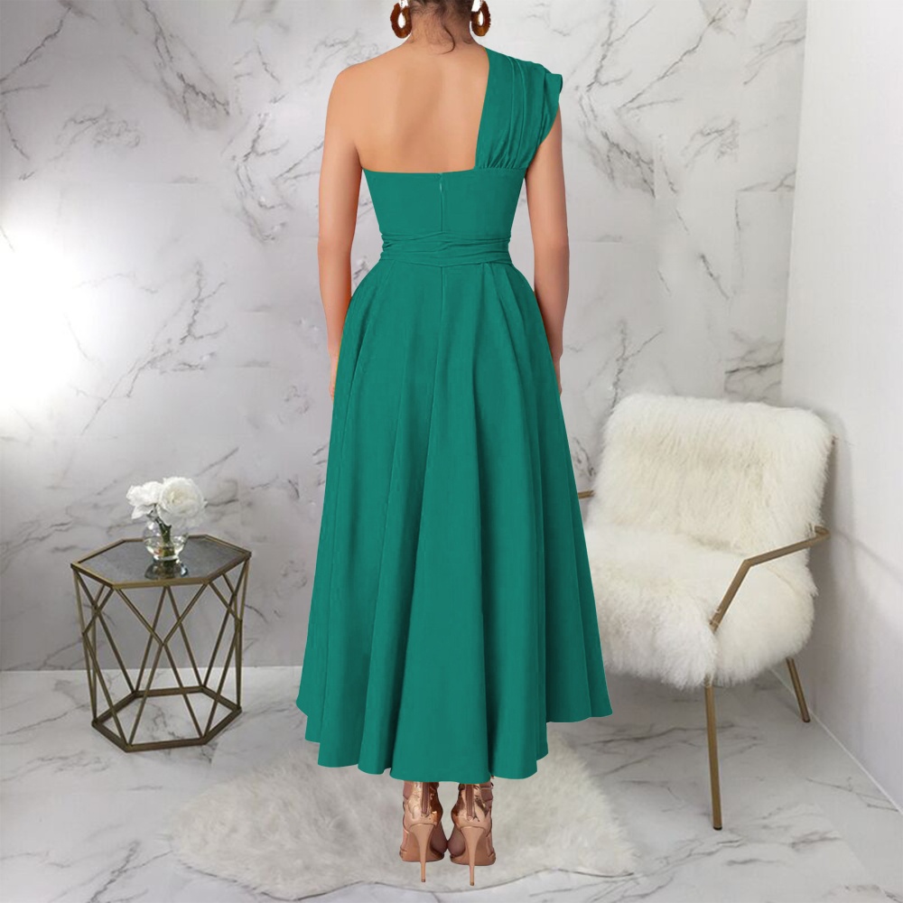 Oblique collar fashion sleeveless pinched waist dress