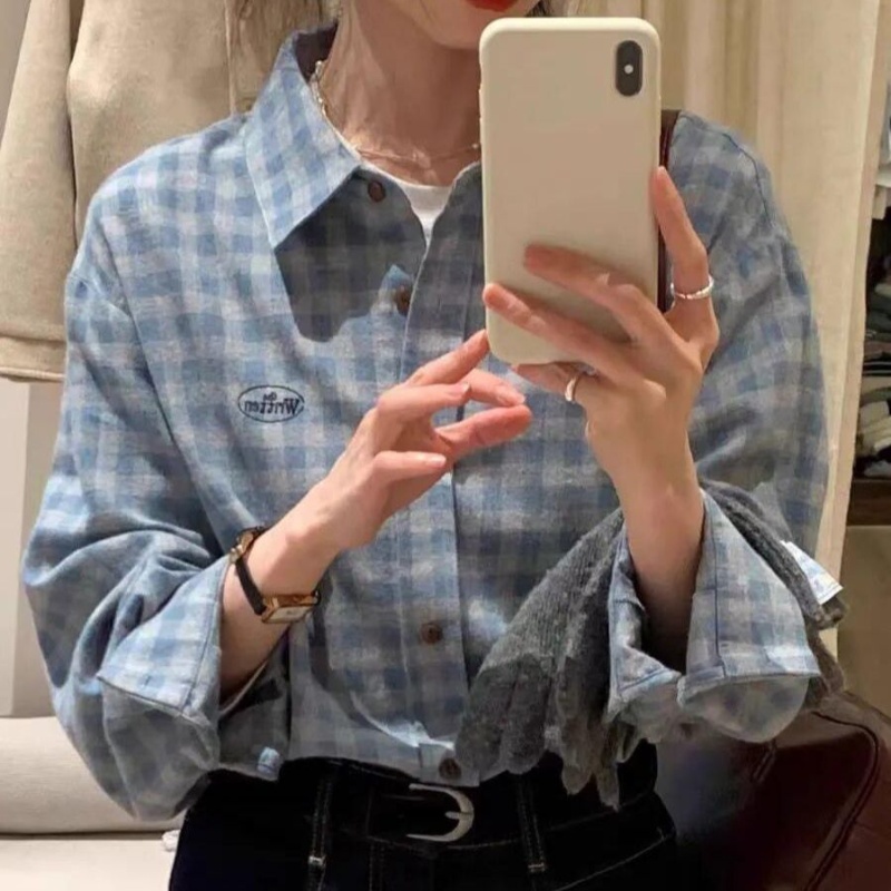 Plaid sueding embroidery Korean style shirt for women