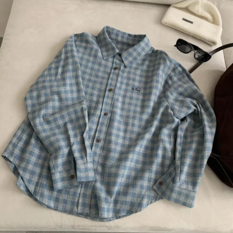 Plaid sueding embroidery Korean style shirt for women