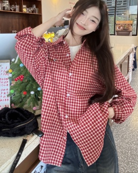 Lapel plaid tops red unique shirt for women